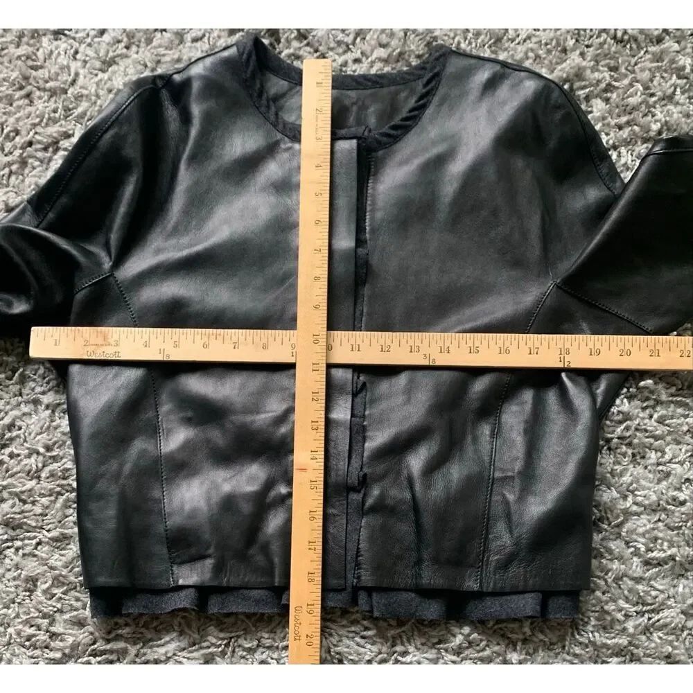NEW NWT NINA RICCI Black Lamb Leather Zip Ruffle Crop Coat Jacket sz 42 M $3990 - Picture 10 of 13